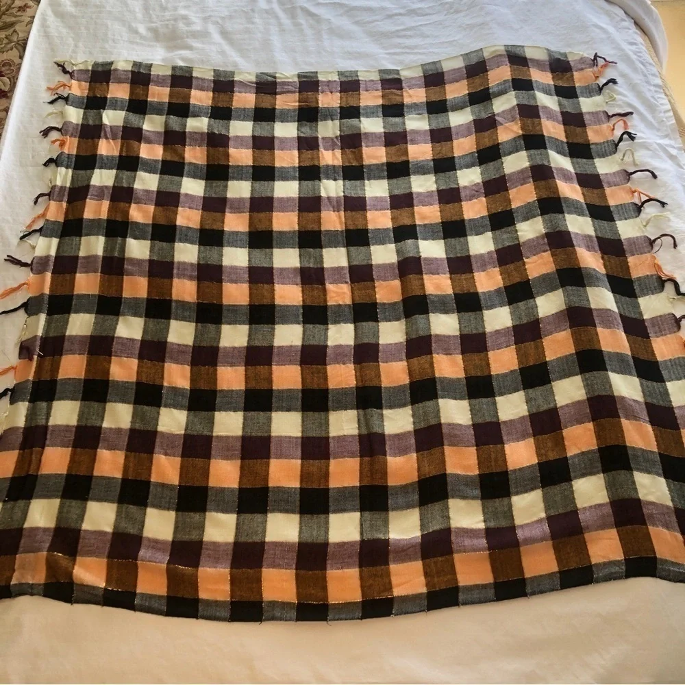 Forever 21 Scarf Buffalo Check Ivory Black Orange Metallic Thread Fringed